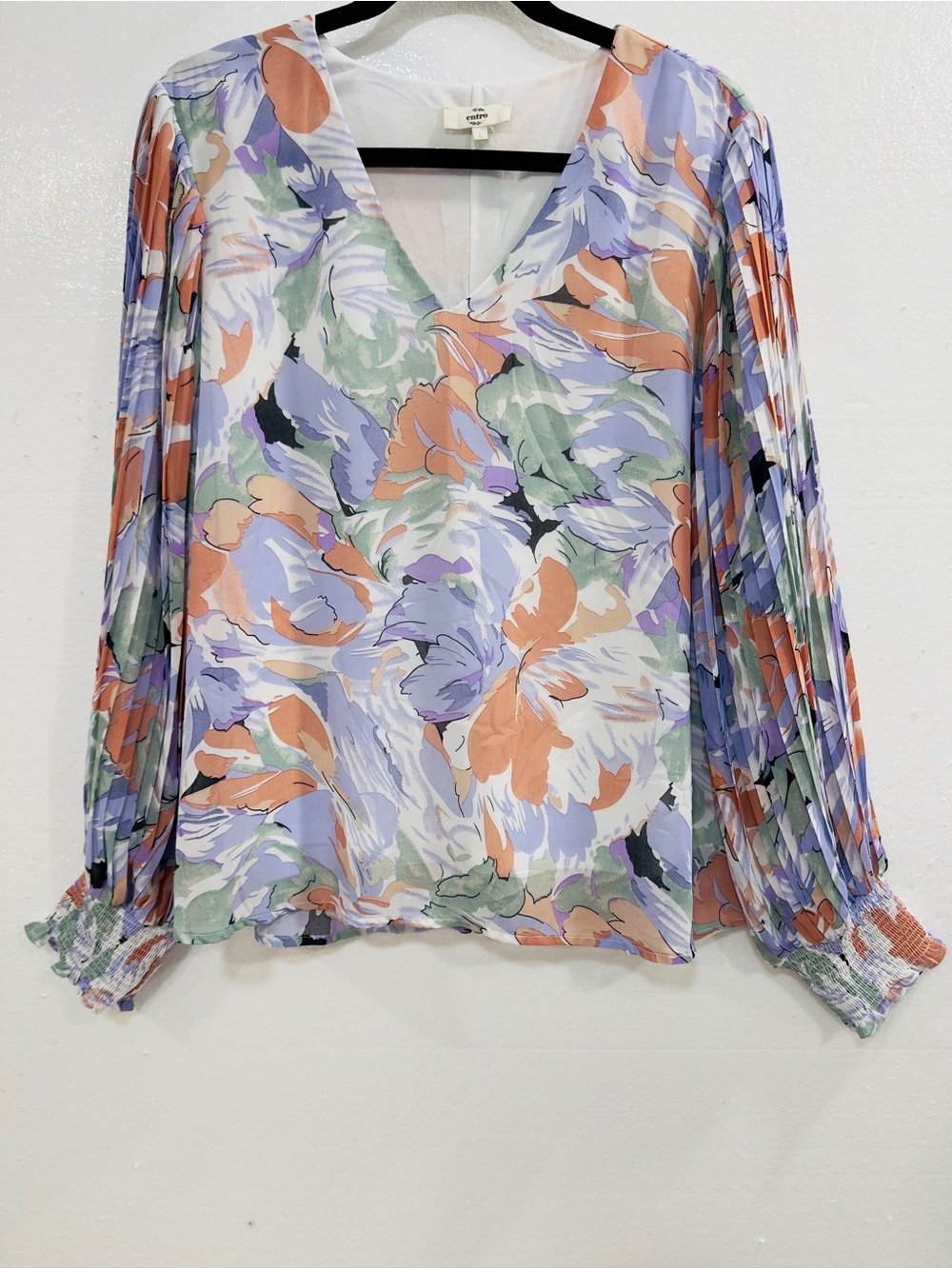 Entro Floral V-Neck Blouse Size L Pastel Lavender Peach Balloon Sleeve - Picture 3 of 16